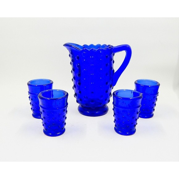 Child's Cobalt Blue Hobnail Mini Water Pitcher With 4 Tumblers Glasses - Picture 1 of 9